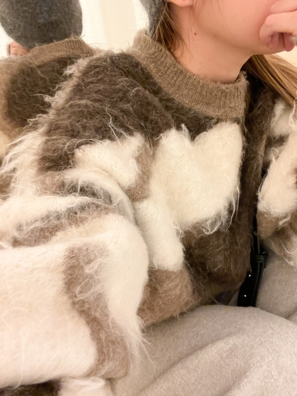 ブラウン系のニット/セーター、グレー系のニットキャップ/ビーニーを着用したレディースの冬コーディネートの2枚目の写真