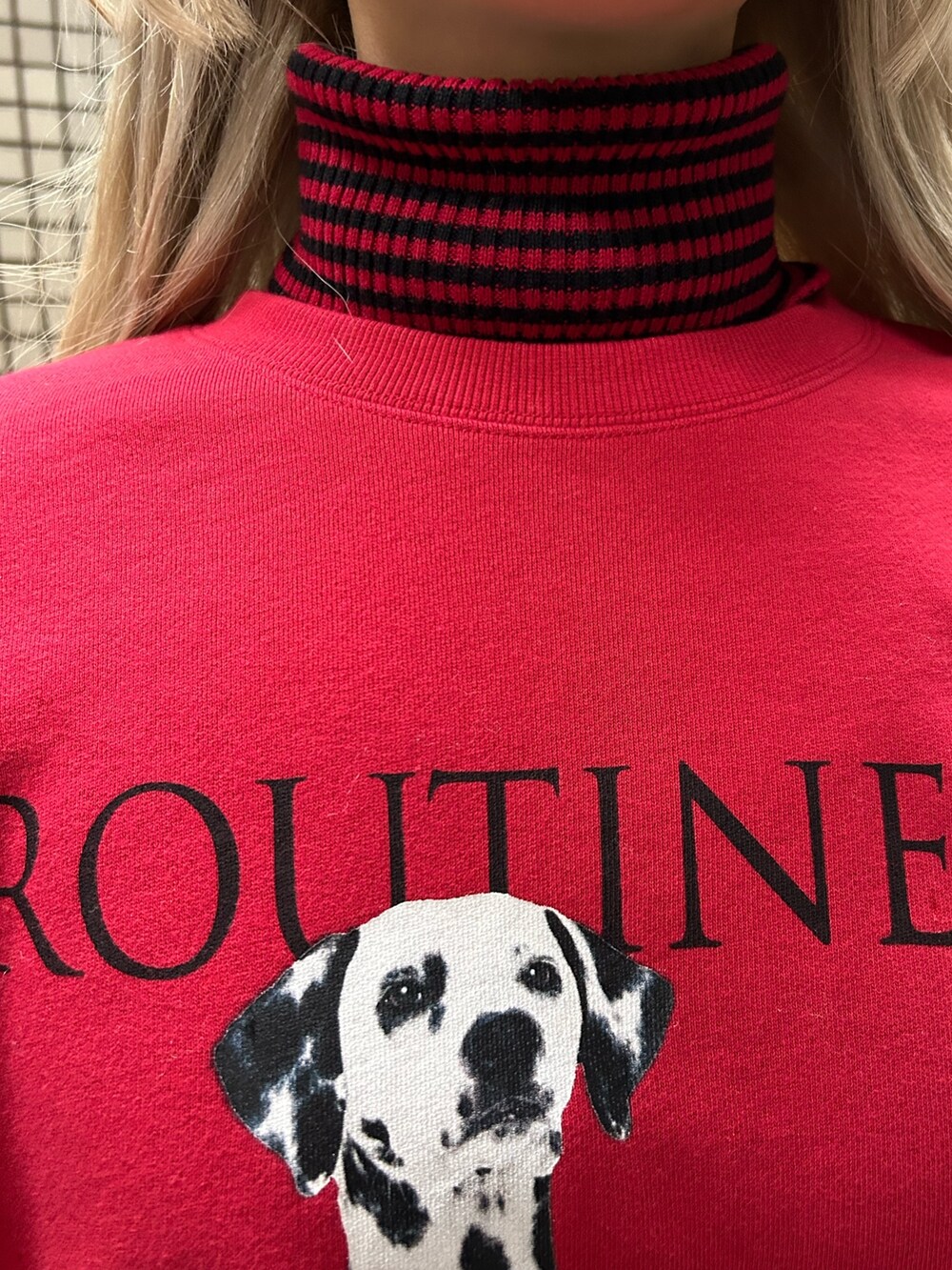 レッド系のスウェット、ブラック系のその他パンツ、レッド系のニット/セーターを着用したレディースの冬コーディネートの4枚目の写真