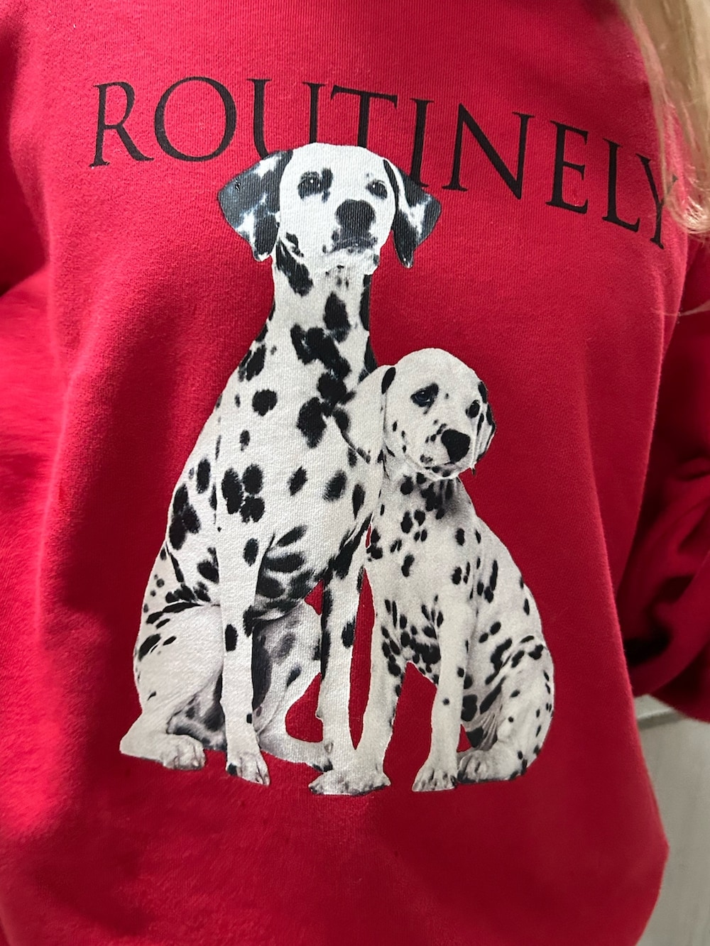 レッド系のスウェット、ブラック系のその他パンツ、レッド系のニット/セーターを着用したレディースの冬コーディネートの5枚目の写真