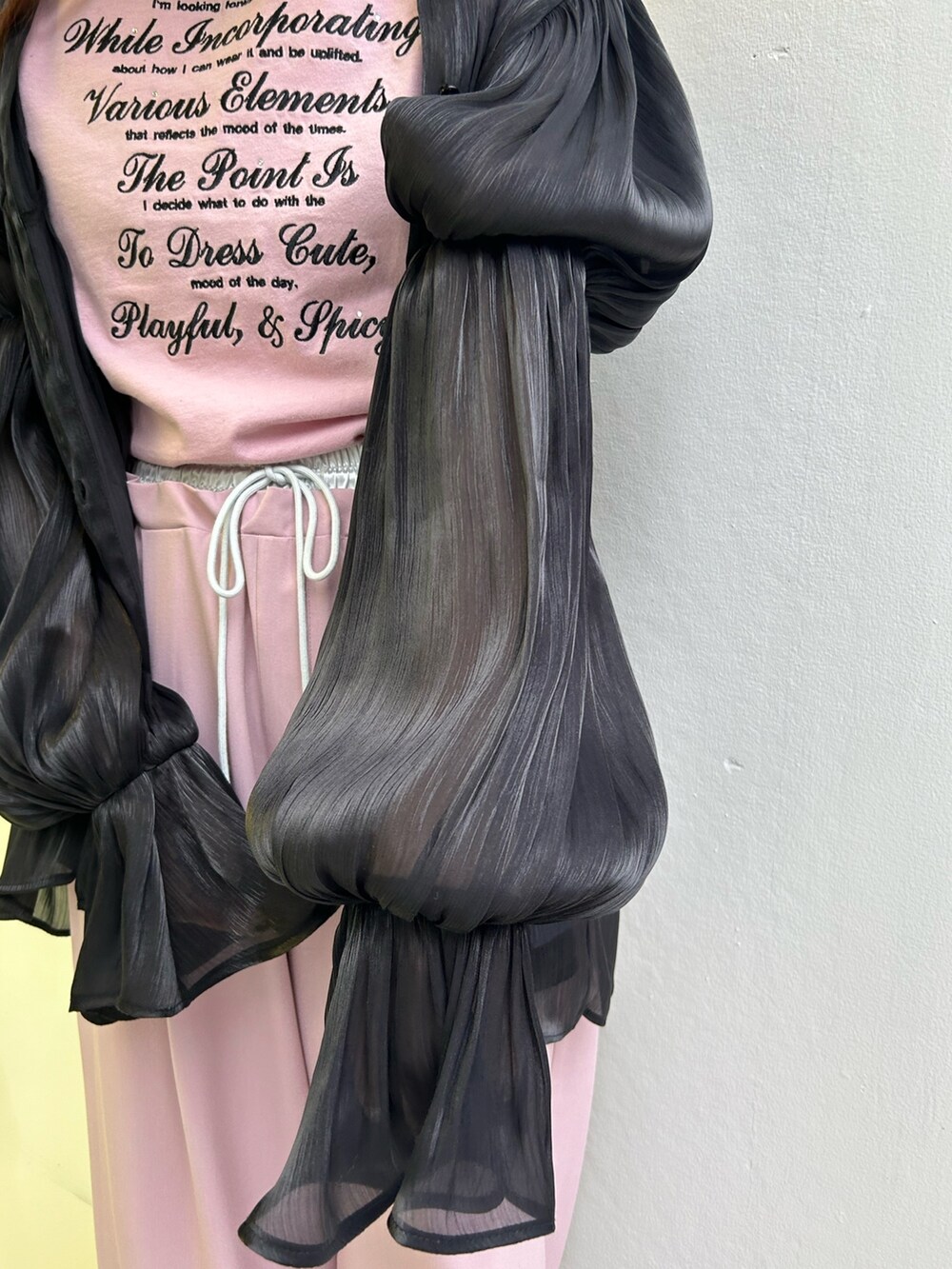 ピンク系のその他パンツ、ピンク系のTシャツ/カットソー、ブラック系のシャツ/ブラウスを着用したレディースの春コーディネートの6枚目の写真