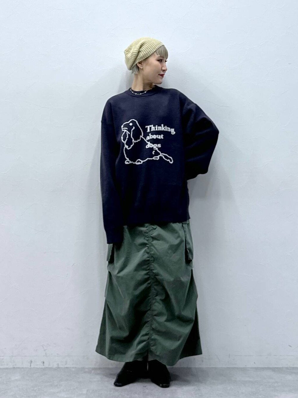 「LOWRYS FARMのビーズニットワッチ　128530（ハンチング/ベレー帽、ベージュ系）」を使った、たけおさん（レディース・157cm）の秋コーディネートの2枚目の写真