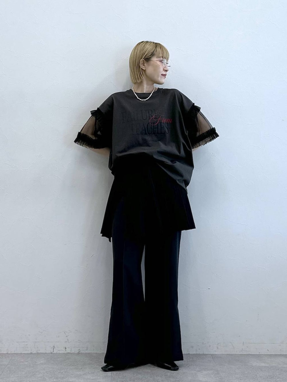 「RAGEBLUEの選べるショート＆ロング丈/チュールスリーブロゴTシャツ（Tシャツ/カットソー、グレー系）」を使った、たけおさん（レディース・157cm）の夏コーディネートの5枚目の写真