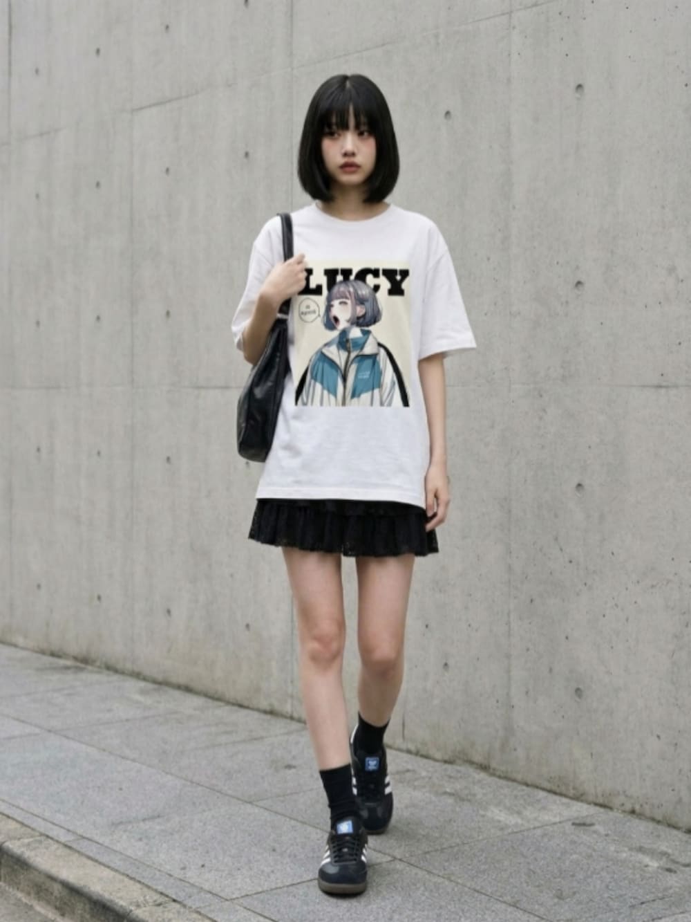 ブラック系のスニーカー、ホワイト系のスカート、ホワイト系のTシャツ/カットソーを着用したレディースの夏コーディネートの2枚目の写真