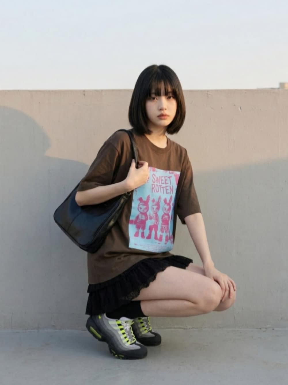 グレー系のスニーカー、ブラック系のスカート、ブラウン系のTシャツ/カットソーを着用したレディースの夏コーディネートの2枚目の写真
