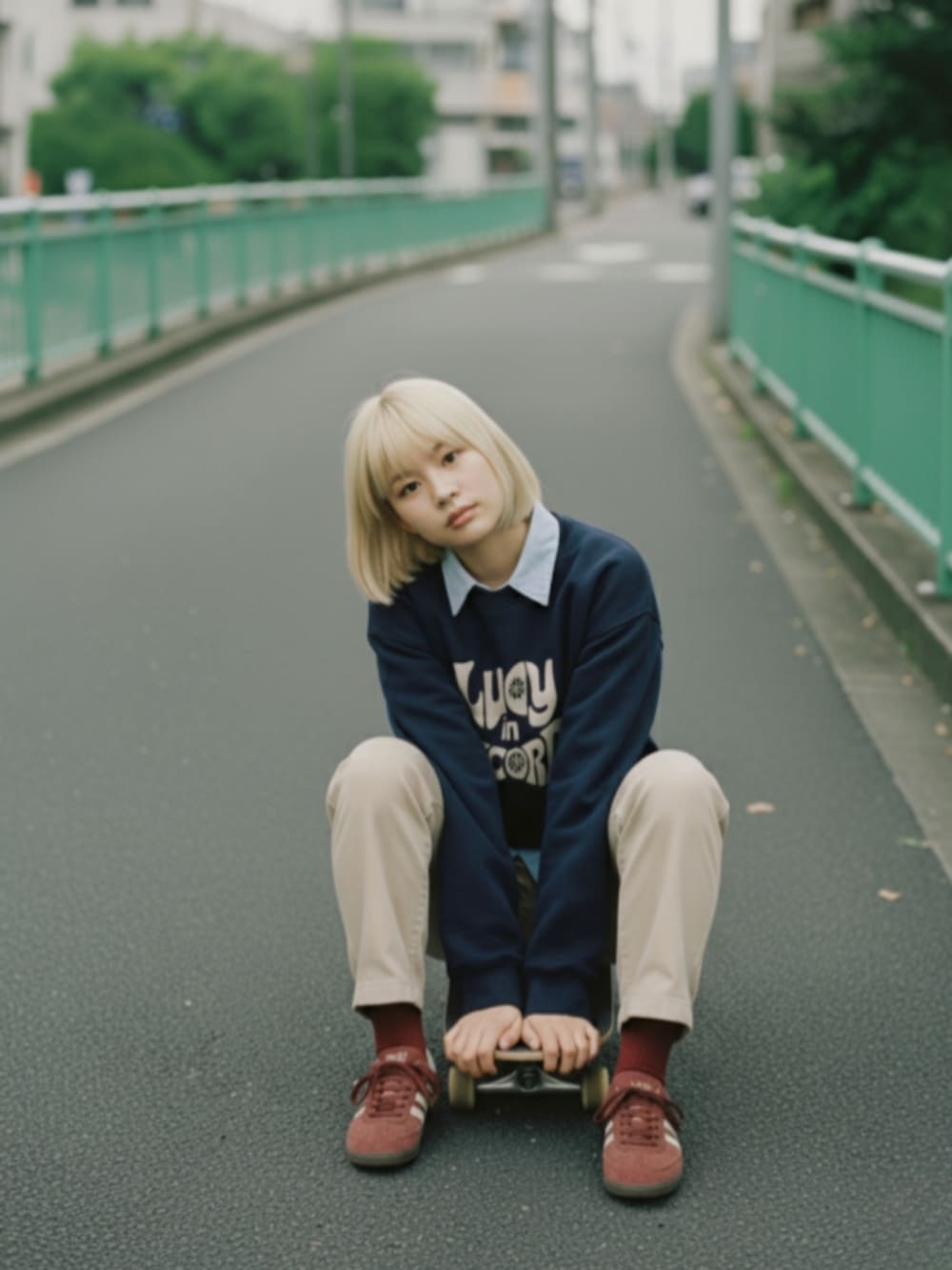 ブラウン系のスニーカー、ベージュ系のチノパンツ、ブルー系のシャツ/ブラウスを着用したレディースの秋コーディネートの4枚目の写真