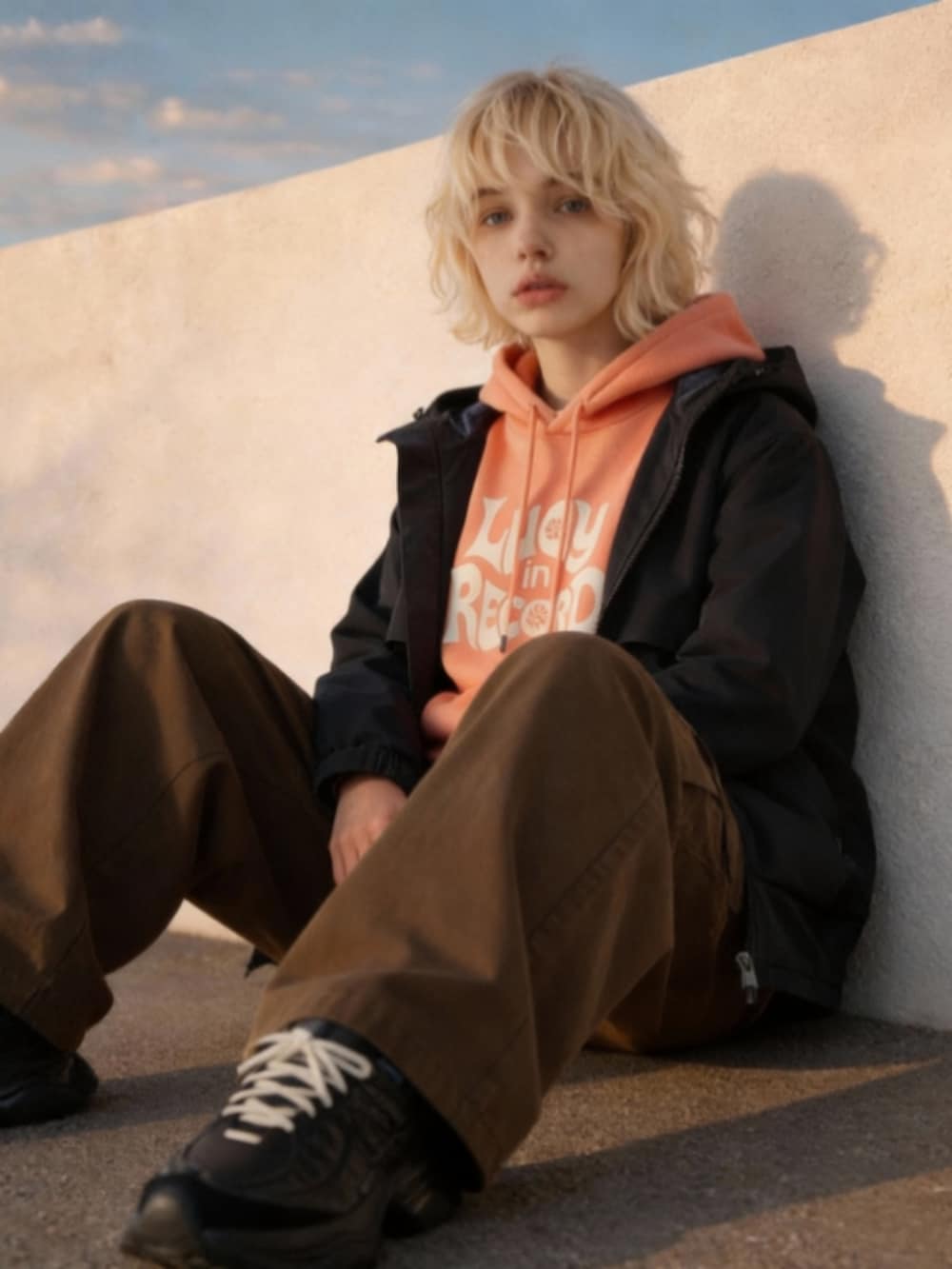 ブラック系のスニーカー、ブラウン系のカーゴパンツ、ブラック系のパーカーを着用したレディースの冬コーディネートの2枚目の写真