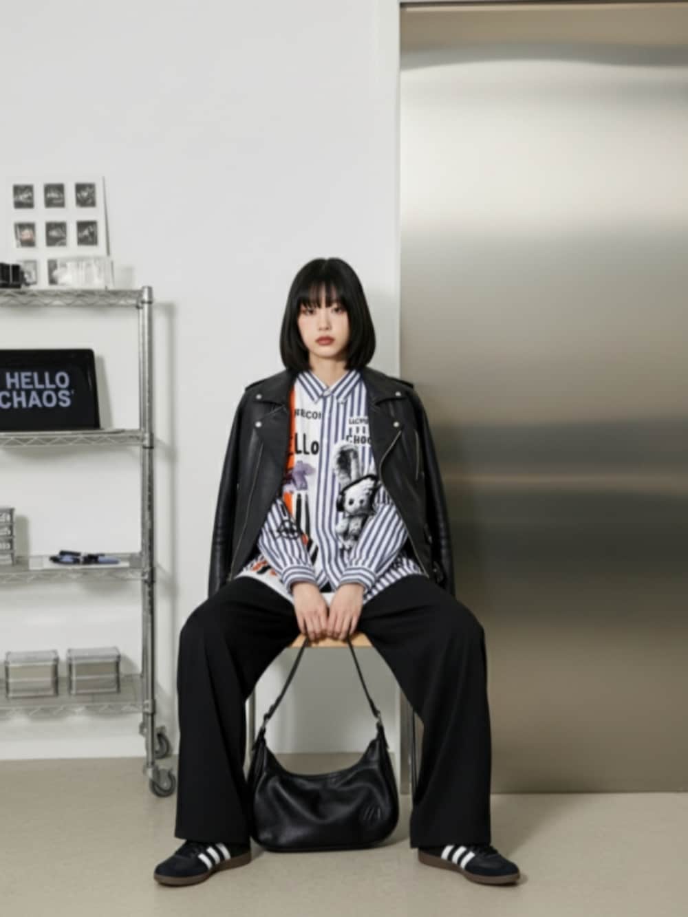 ブラック系のスニーカー、ブラック系のチノパンツ、ブルー系のシャツ/ブラウスを着用したレディースの秋コーディネートの4枚目の写真