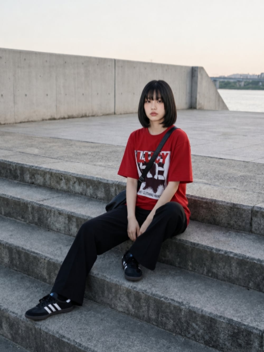 ブラック系のスニーカー、ブラック系のスラックス、ホワイト系のTシャツ/カットソーを着用したレディースの夏コーディネートの3枚目の写真
