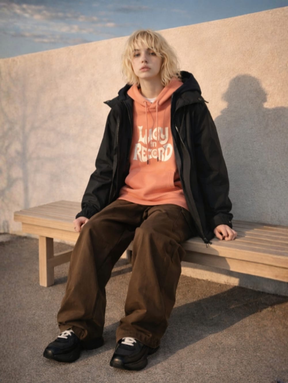 ブラック系のスニーカー、ブラウン系のカーゴパンツ、ブラック系のパーカーを着用したレディースの冬コーディネートの5枚目の写真