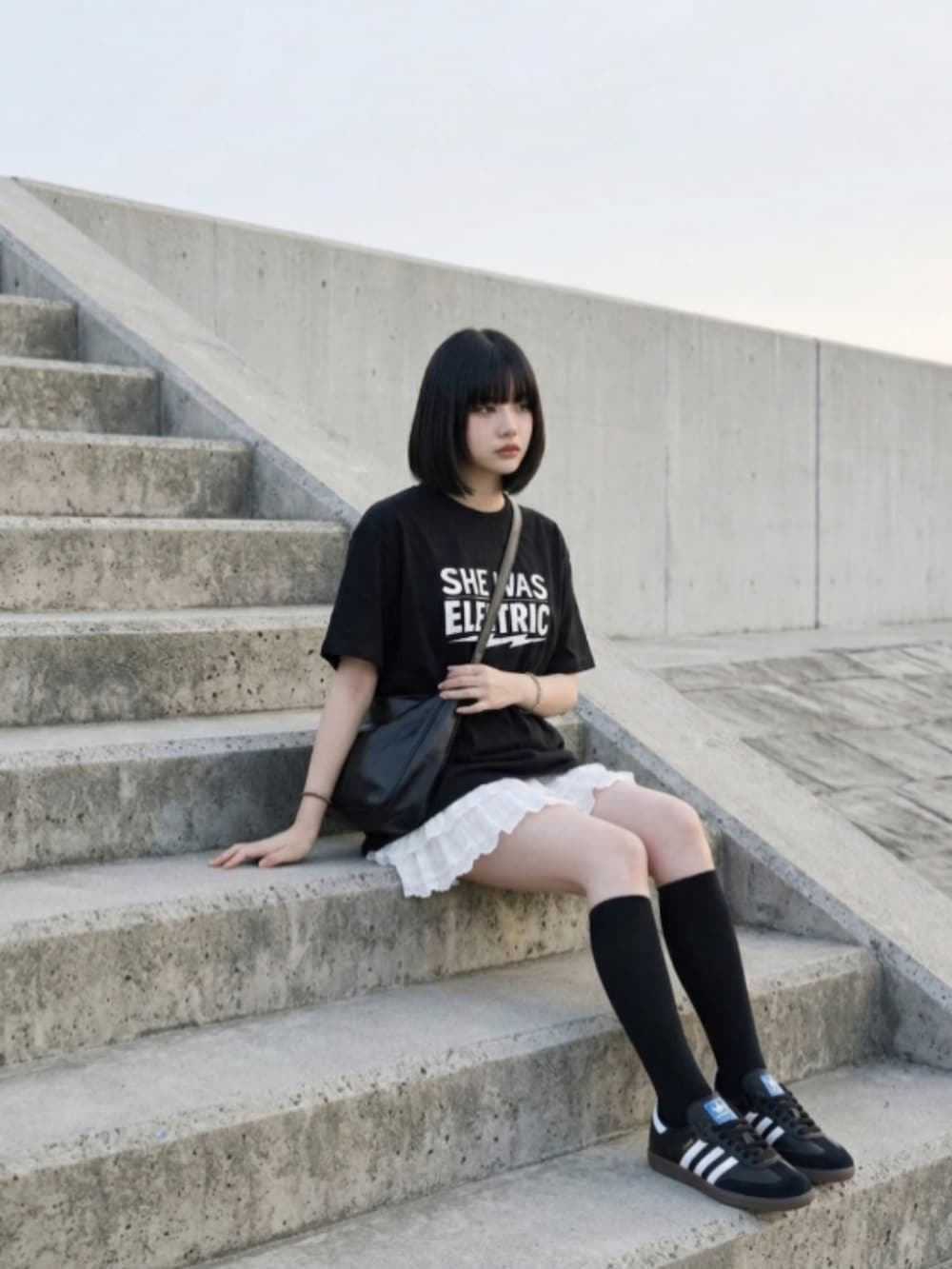 ブラック系のスニーカー、ブラック系のスラックス、ホワイト系のTシャツ/カットソーを着用したレディースの夏コーディネートの2枚目の写真