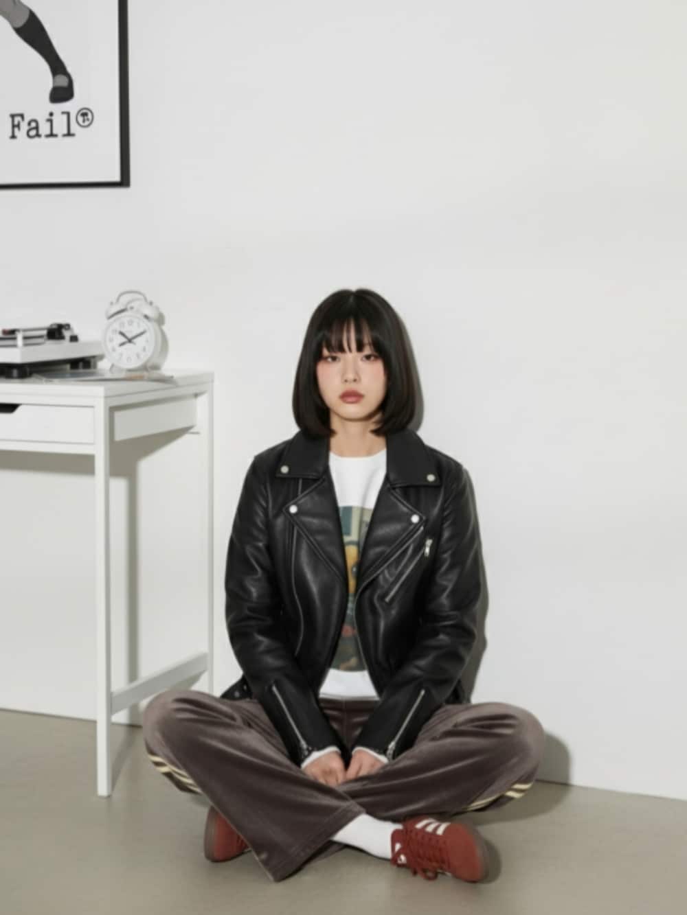 ブラウン系のスニーカー、ブラウン系のその他パンツ、ブルー系のスウェットを着用したレディースの秋コーディネートの2枚目の写真