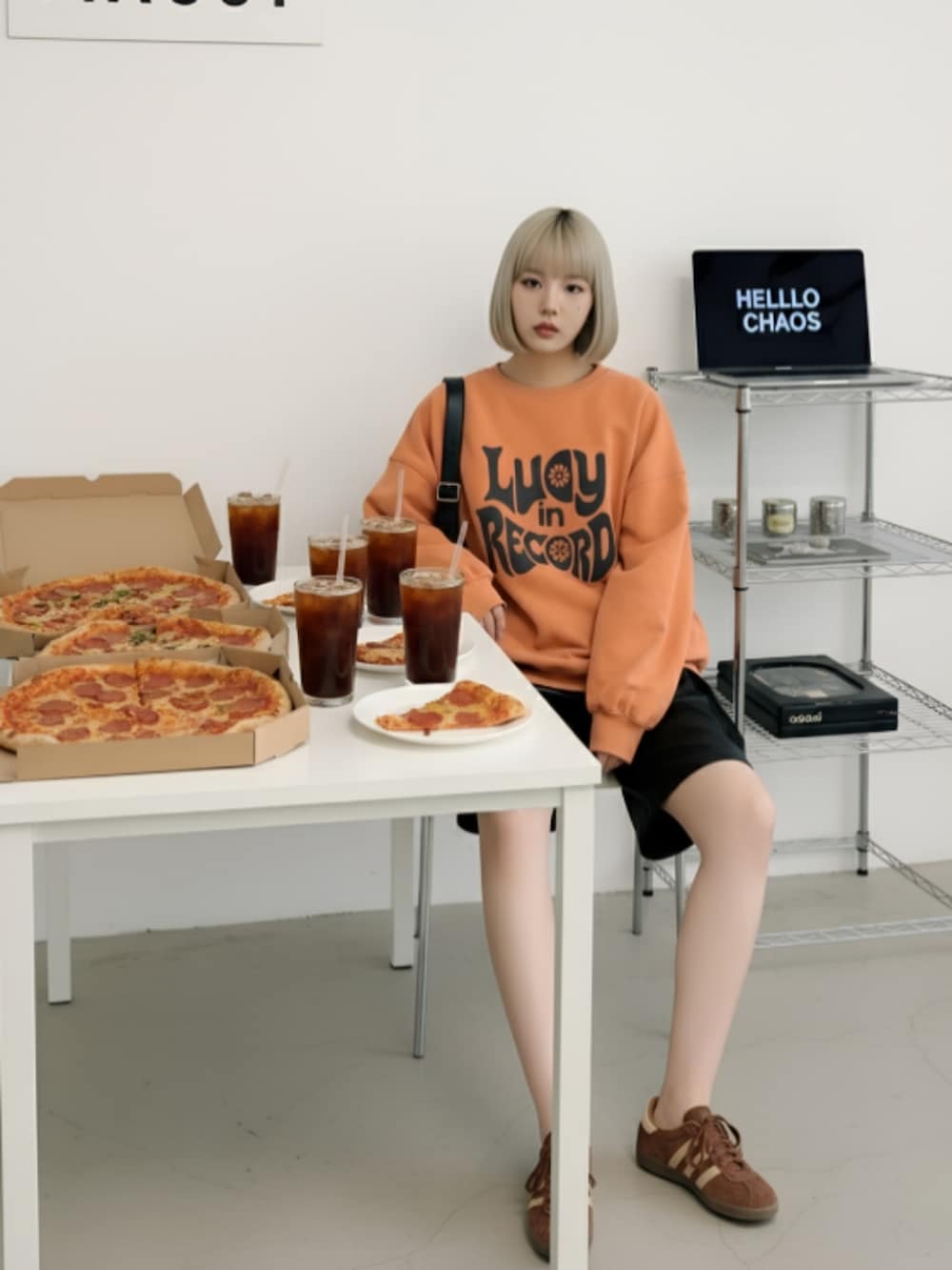 ブラウン系のスニーカー、ブラック系のその他パンツ、オレンジ系のスウェットを着用したレディースの秋コーディネートの4枚目の写真