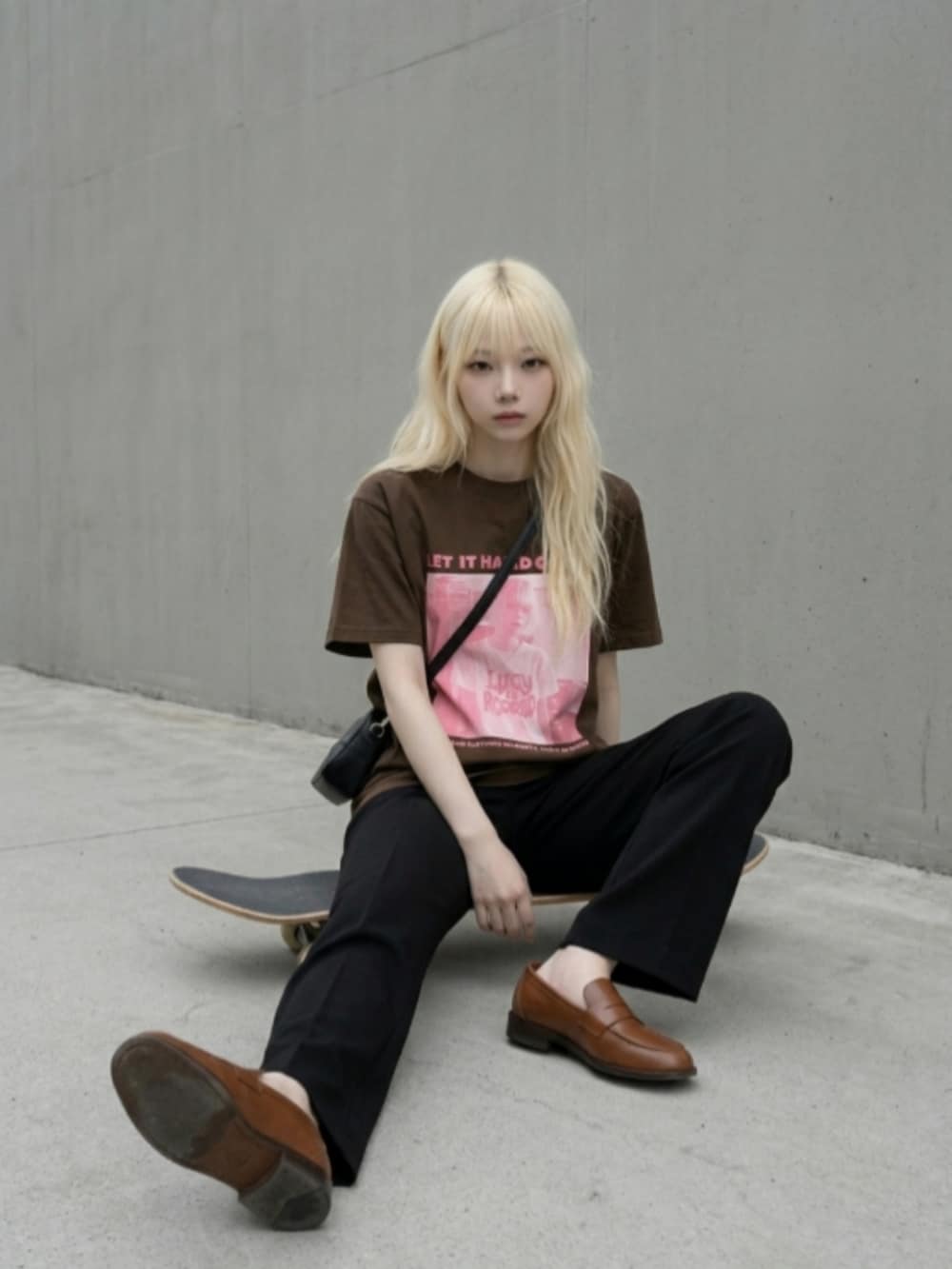 ブラウン系のブーツ、ブラック系のスラックス、ホワイト系のTシャツ/カットソーを着用したレディースの夏コーディネートの2枚目の写真