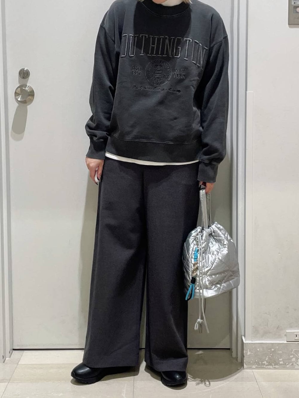 ブラック系のハンドバッグ、ブラック系のブーツ、ホワイト系のTシャツ/カットソーを着用したレディースの秋コーディネートの2枚目の写真