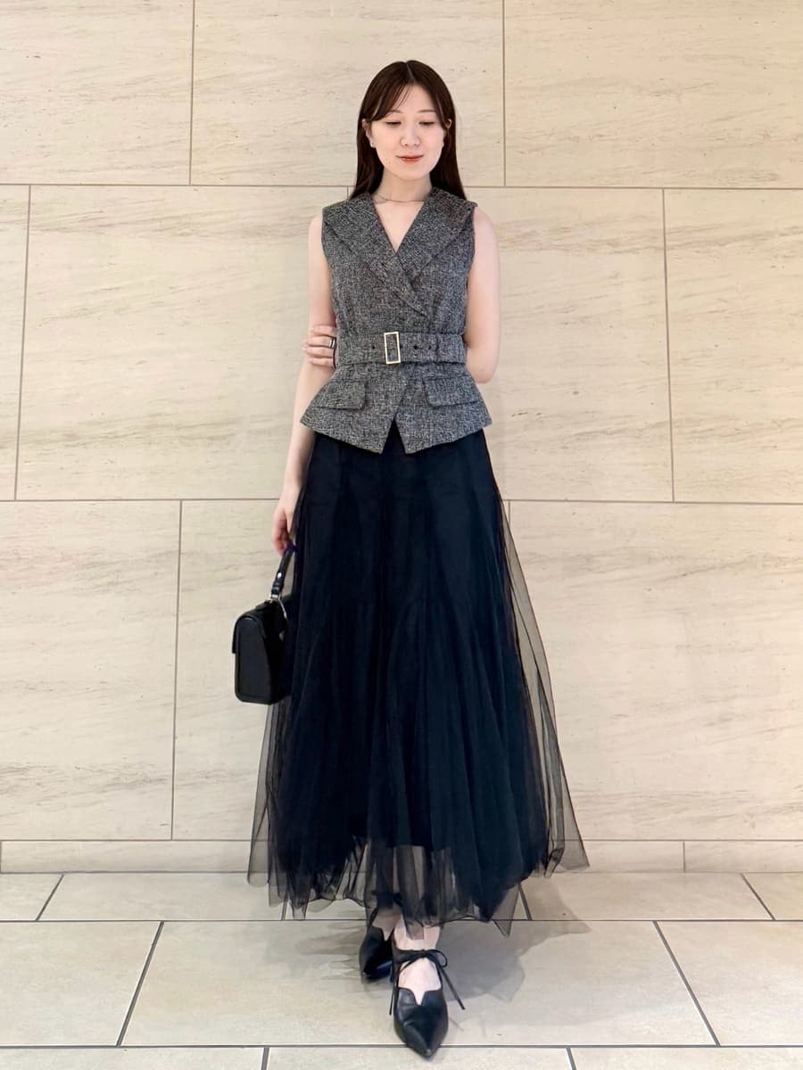 FRAY I.D デコルテタックフロッキーチュールトップス ブラック FRAY I.D tシャツ デコルテタックフロッキーチュールトップス