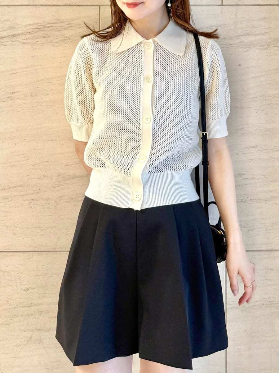 「デートコーデ、着回し、高身長、低身長、ショルダーバッグ、パンツ、ニット、ハイウエスト、イエベ、骨格ウェーブ」｜「FRAY I.Dのダイヤメッシュポロカーディガン（カーディガン/ボレロ、ホワイト系）」を使った、FRAY I.Dさん（レディース・158cm）の春コーディネートの7枚目の写真