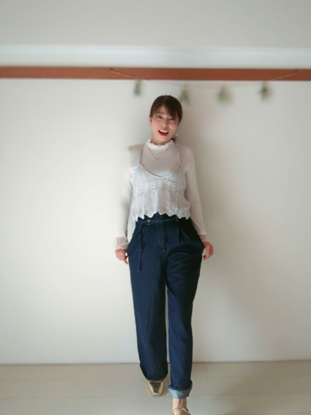 「シンプルコーデ、ママコーデ、ママファッション、コラボ、しまむら、しまむらコーデ、インフルエンサー」｜「i.Rinaのアイテム（チューブトップ、グレー系）」を使った、ぱ～んさん（レディース・165cm）の秋コーディネートの2枚目の写真