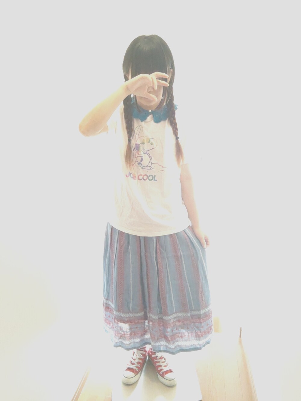 「低身長、みつあみ、誕生日、カジュアル、スヌーピー、ケーキ、スニーカー、おしゃれさんと繋がりたい、音楽で繋がる、もんじゃ焼き」｜「SNOOPYのアイテム（Tシャツ/カットソー、ホワイト系）」を使った、せのさん（レディース・149cm）の夏コーディネートの2枚目の写真