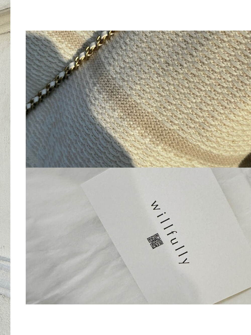 ベージュ系のトップス、ベージュ系のスカート、ホワイト系のショルダーバッグを着用したレディースの春コーディネートの5枚目の写真