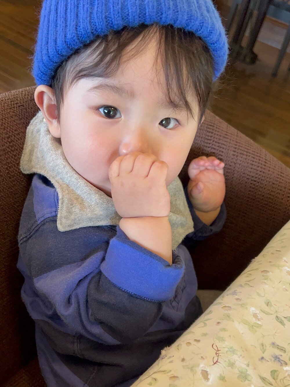 グレー系のスタイ/よだれかけ、ブルー系のその他ベビーウェア、ブルー系の帽子を着用したキッズの夏コーディネートの2枚目の写真