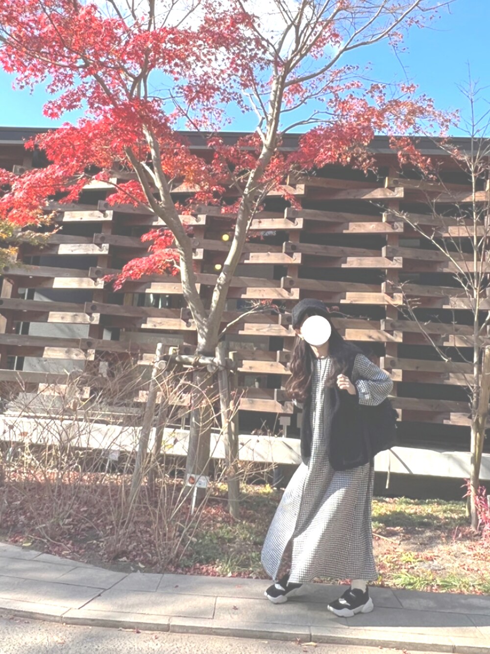 ブラック系のバックパック/リュック、ブラック系のスニーカー、ブラック系のワンピースを着用したレディースの秋コーディネートの2枚目の写真