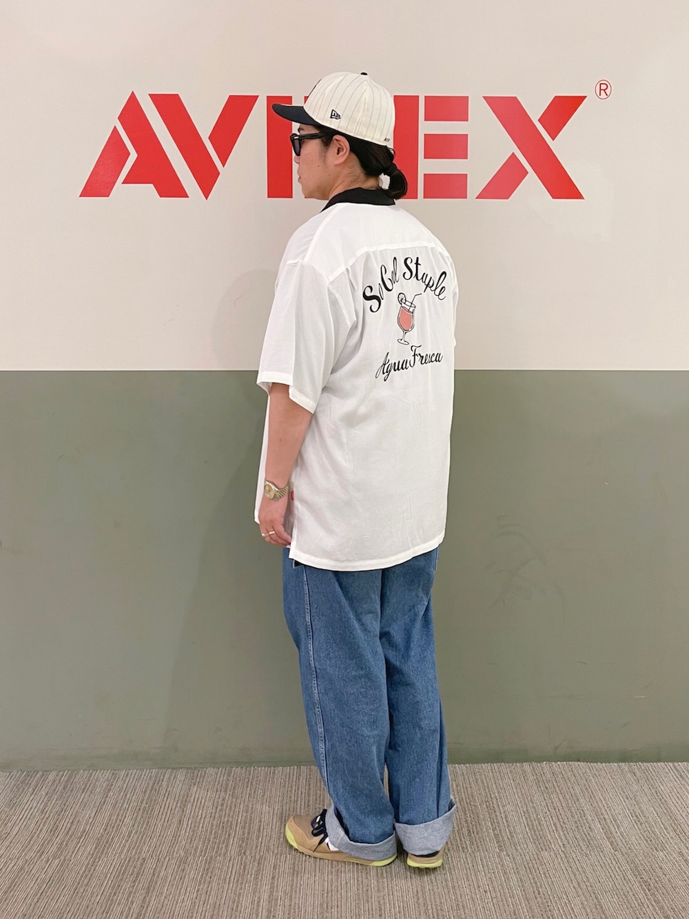 「アメカジ、夏、AVIREX、NEW ERA、休日スタイル、ペインターパンツ、パンツスタイル、ボーリングシャツ、サングラススタイル、ペインターデニム」｜「AVIREXの《REBUILD COLLECTION》バーシティー ペインター パンツ /  VARSITY PAINTER PANTS（デニムパンツ、その他）」を使った、misiaさん（レディース・165cm）の夏コーディネートの2枚目の写真