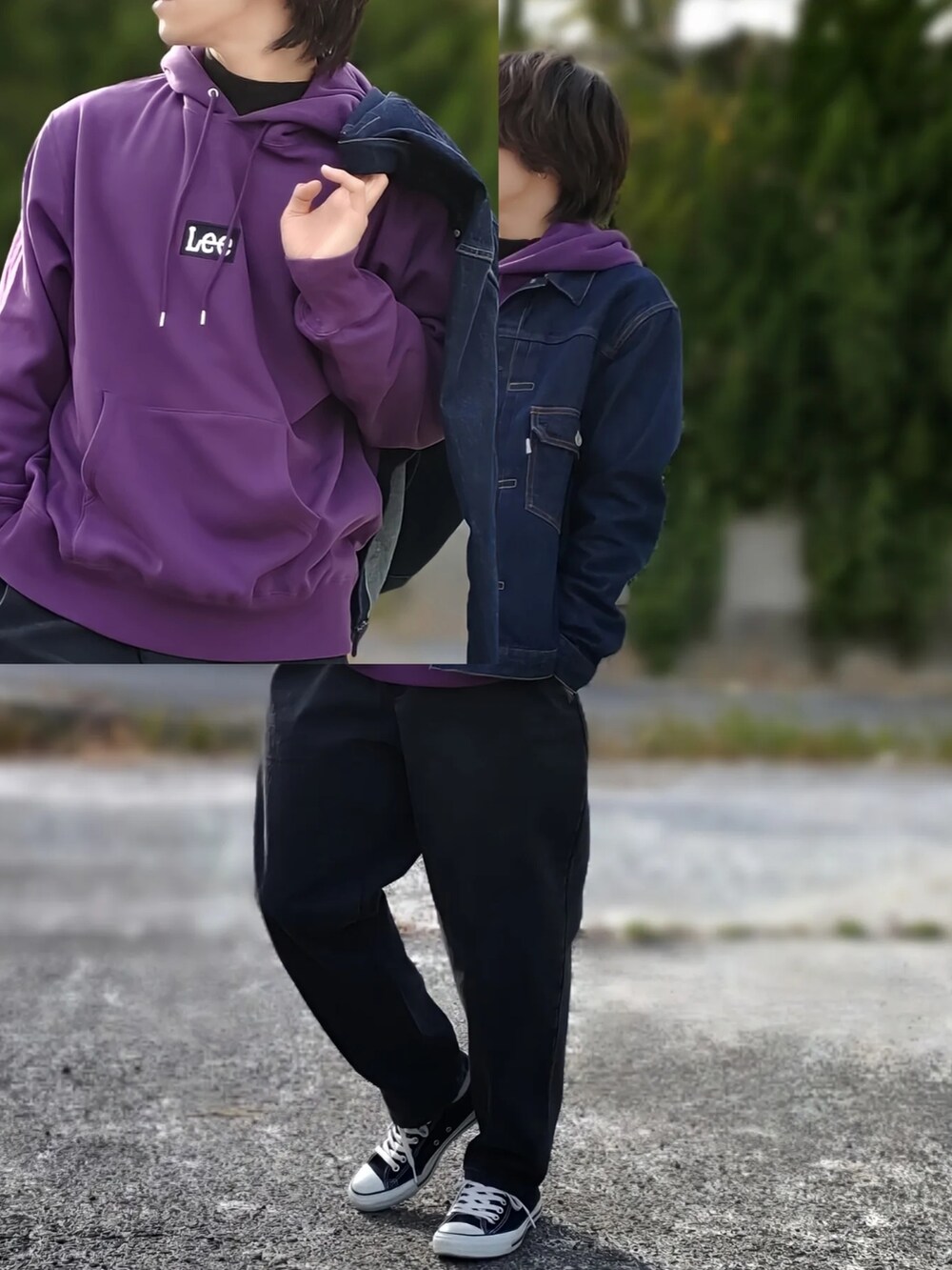 グレー系のデニムパンツ、ブラック系のスニーカー、ブルー系のデニムジャケットを着用したメンズの冬コーディネートの4枚目の写真