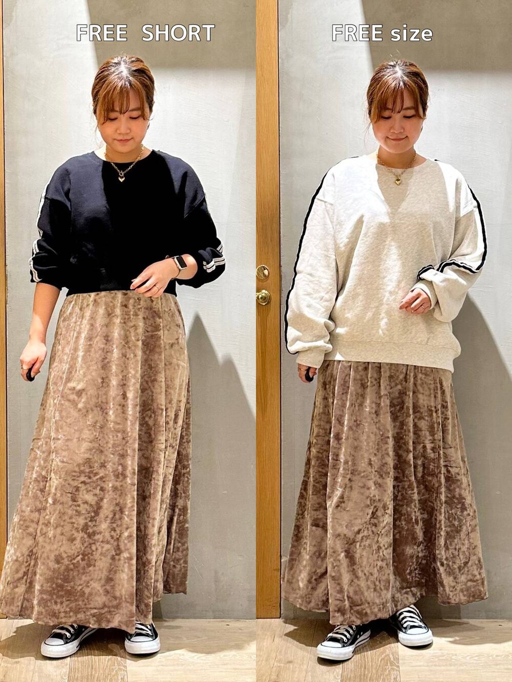 ブラウン系のワンピース、グレー系のTシャツ/カットソー、ゴールド系のピアス（両耳用）を着用したレディースの秋コーディネートの5枚目の写真