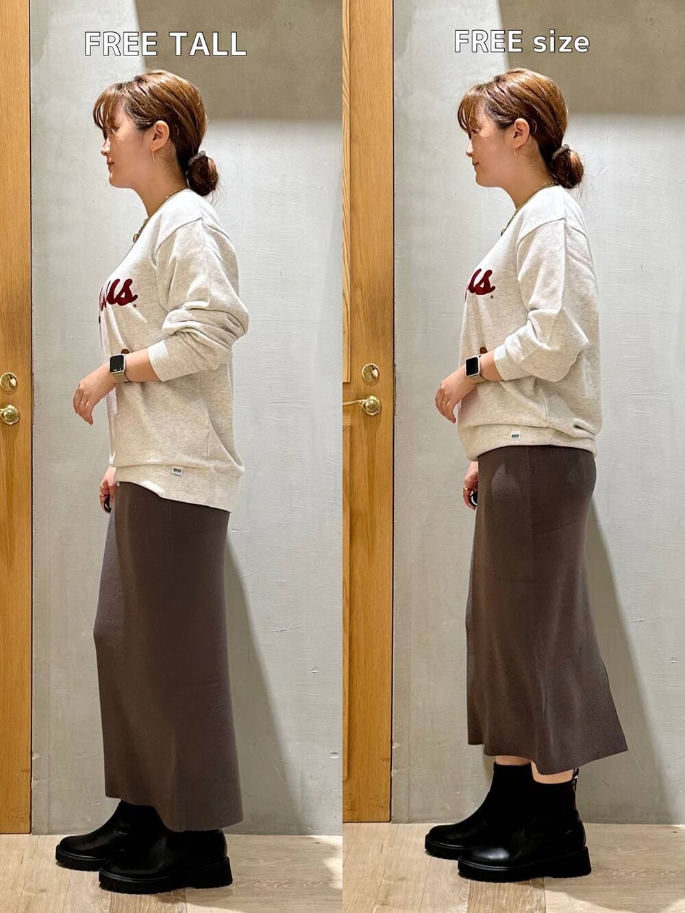 グレー系のスカート、ベージュ系のノーカラーコート、ブラック系のブーツを着用したレディースの秋コーディネートの5枚目の写真