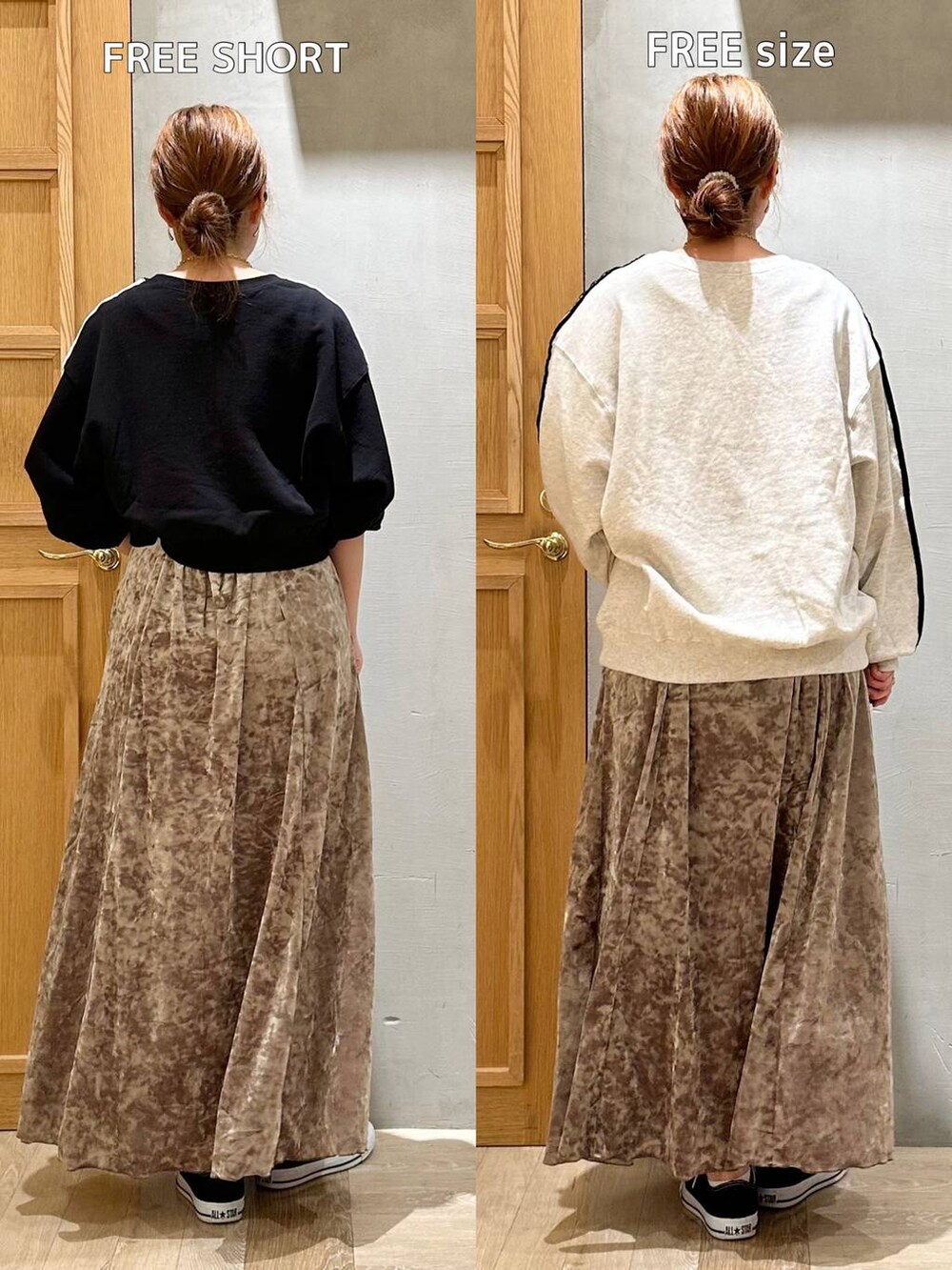 ブラウン系のワンピース、グレー系のTシャツ/カットソー、ゴールド系のピアス（両耳用）を着用したレディースの秋コーディネートの7枚目の写真