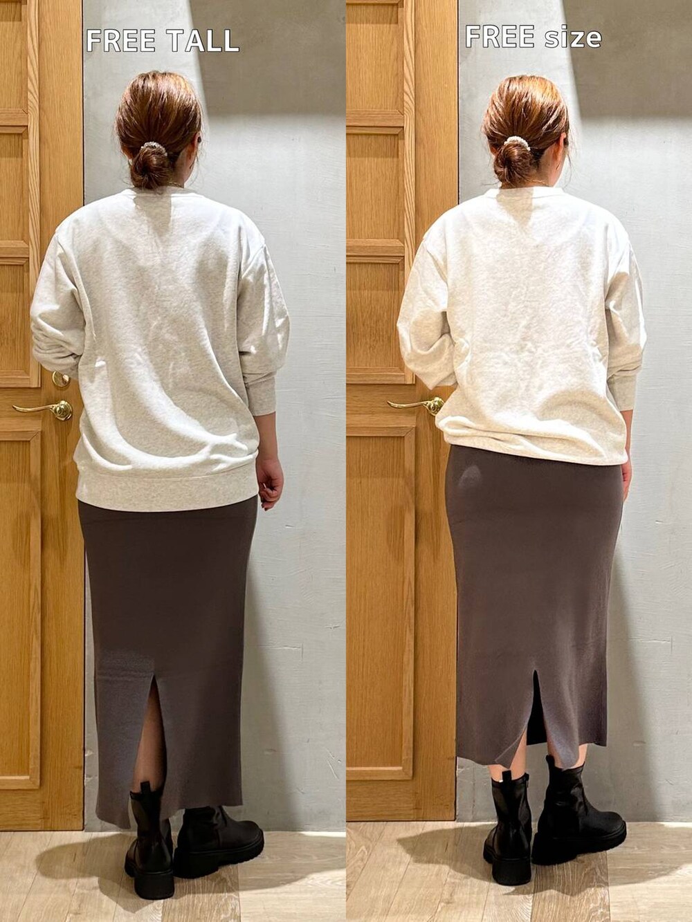 グレー系のスカート、ベージュ系のノーカラーコート、ブラック系のブーツを着用したレディースの秋コーディネートの6枚目の写真