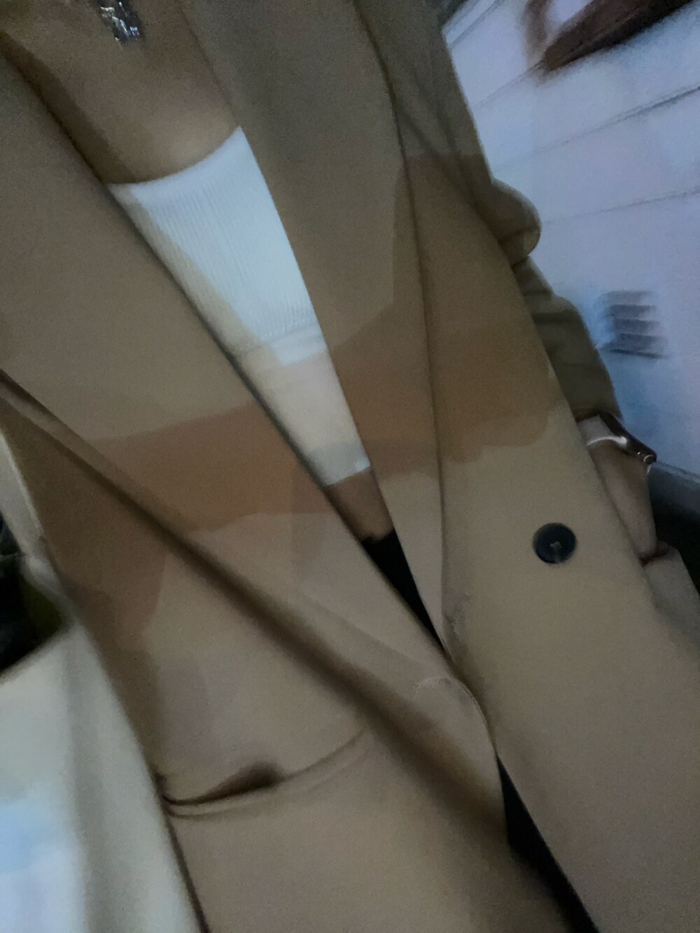 ホワイト系のタンクトップ、ブラウン系のテーラードジャケット、ブラック系のスラックスを着用したレディースの春コーディネートの2枚目の写真