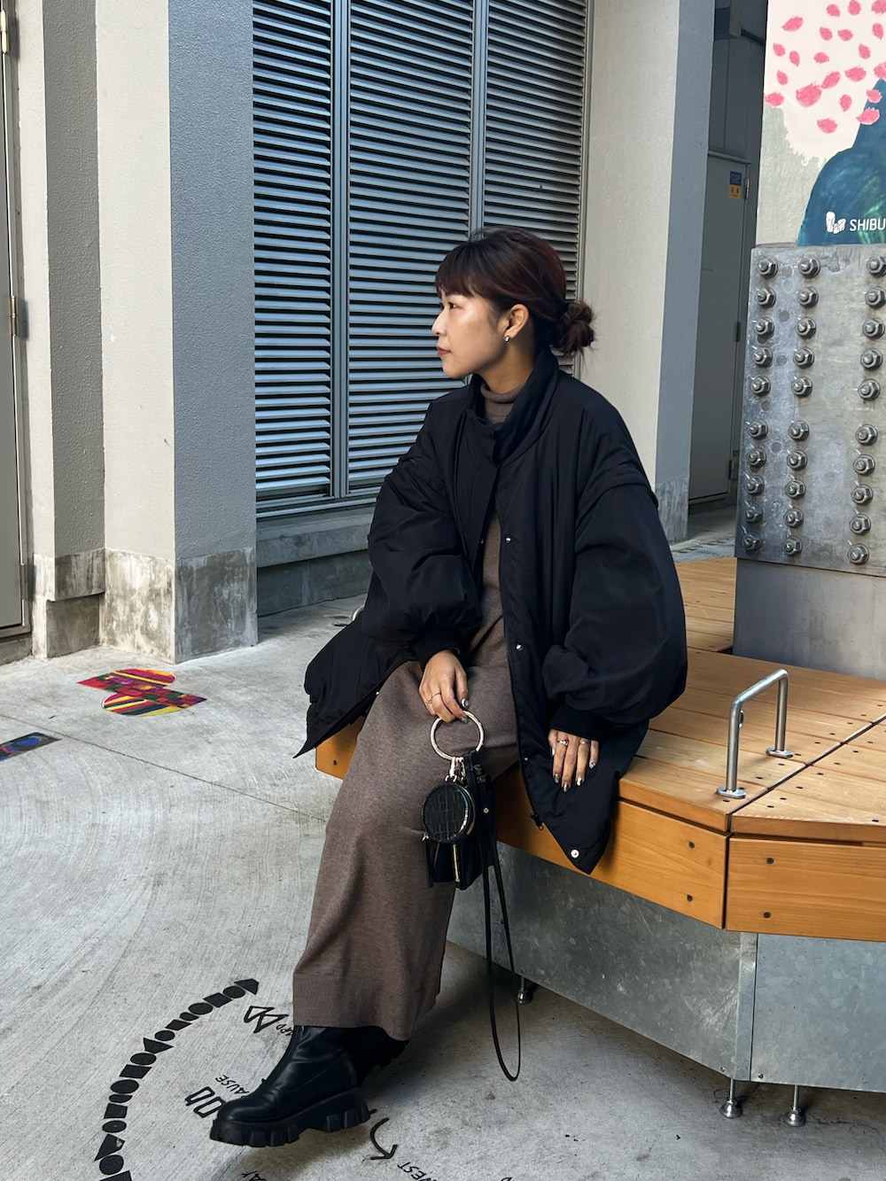 ブラック系のその他アウター、ブラウン系のワンピース、ブラック系のショルダーバッグを着用したレディースの冬コーディネートの2枚目の写真