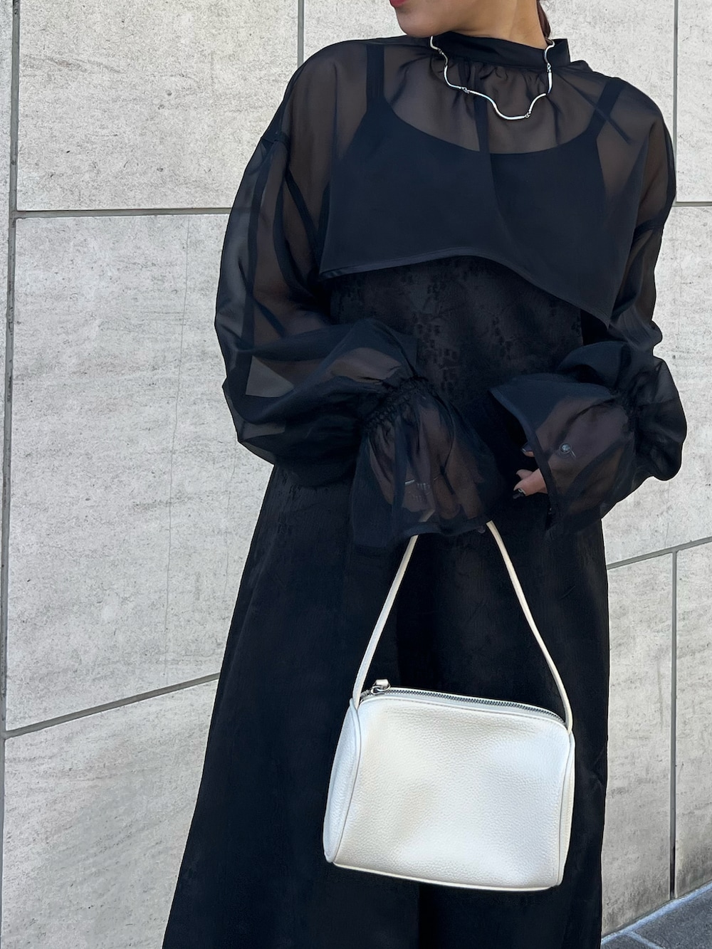 ブラック系のドレス、ホワイト系のハンドバッグ、シルバー系のブーツを着用したレディースの冬コーディネートの3枚目の写真