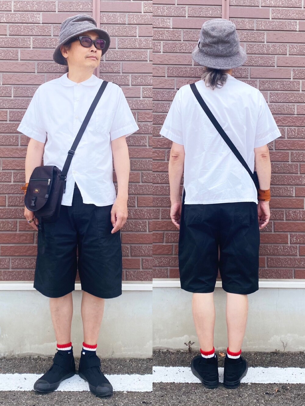 「シンプルコーデ、モノトーンコーデ、おぢさんコーデ、mountain research、SEDITIONARIES、tnaft、ハーフパンツ」|「MOUNTAIN RESEARCHのアイテム(ハット、グレー系)」を使った、pyuta369さん(メンズ・168cm)の夏コーディネートの2枚目の写真