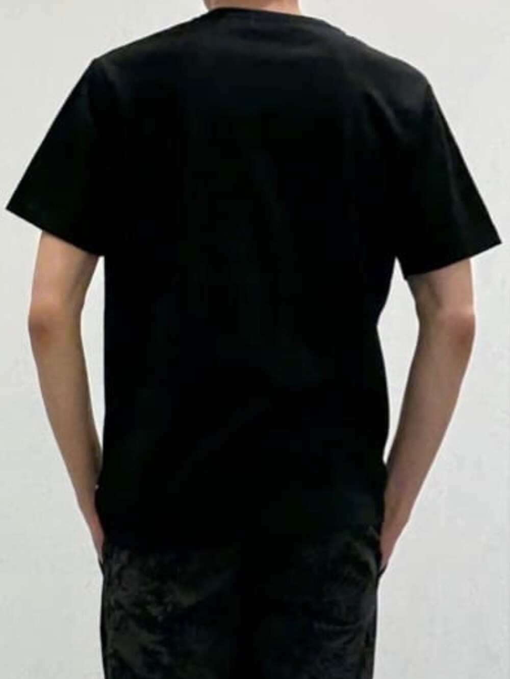 ブラック系のスリッポン、ブラック系のTシャツ/カットソー、ブラック系のその他パンツを着用したメンズの夏コーディネートの6枚目の写真