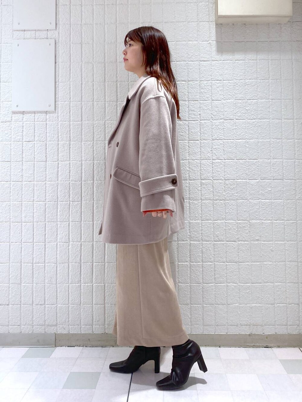 「休日コーデ、女子ウケ、カジュアル、体型カバー、高身長、Andemiu」｜「Andemiuの【洗える】CNラクーンコンVネックニット116860（ニット/セーター、ピンク系）」を使った、andemiu_mayaさん（レディース・165cm）の秋コーディネートの3枚目の写真