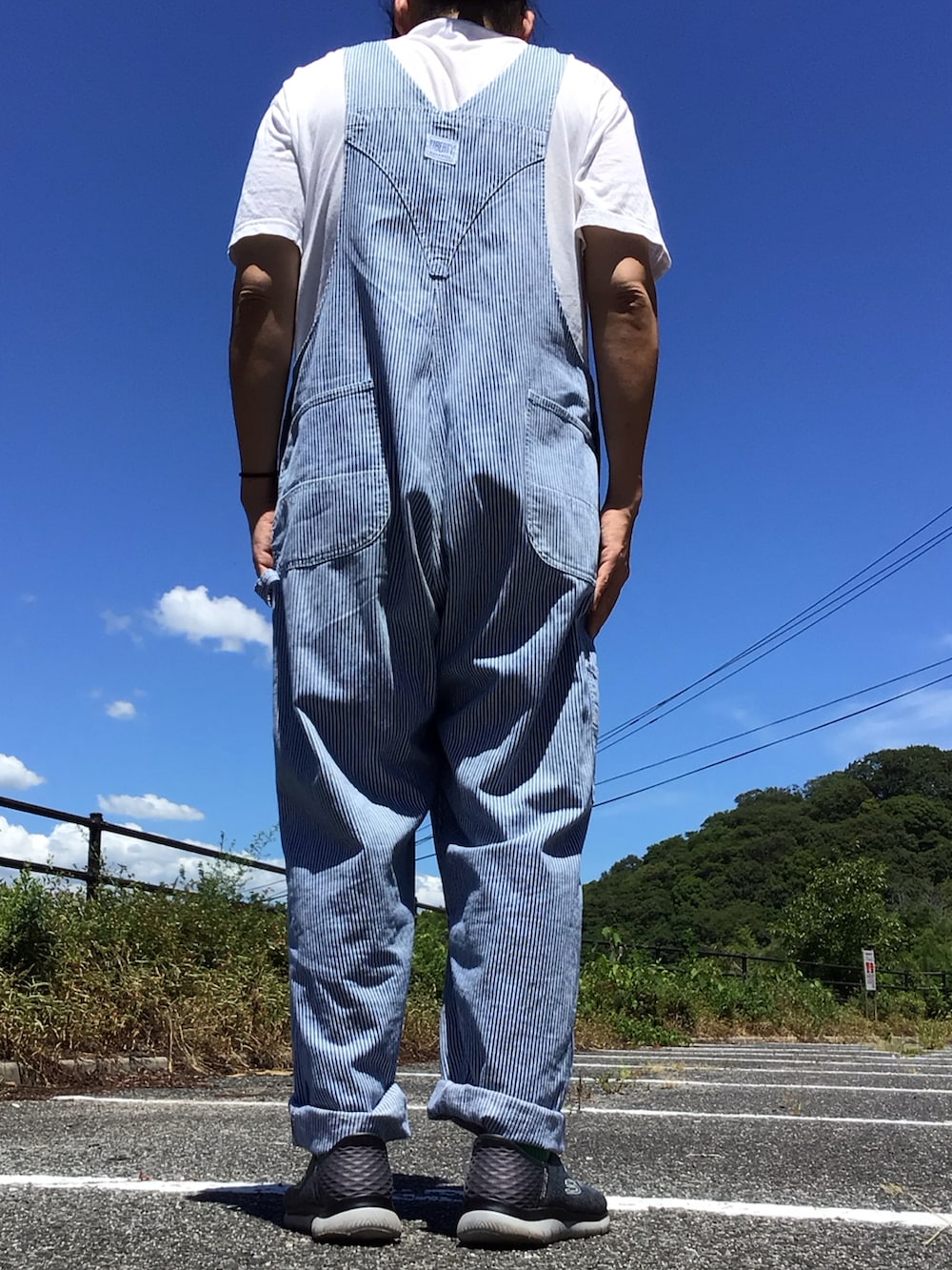 ホワイト系のTシャツ/カットソー、グレー系のサロペット/オーバーオールを着用したメンズの夏コーディネートの2枚目の写真