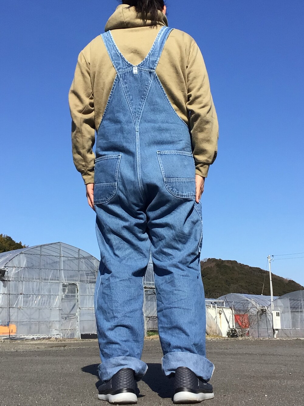 ブルー系のサロペット/オーバーオール、ベージュ系のパーカーを着用したメンズの冬コーディネートの2枚目の写真