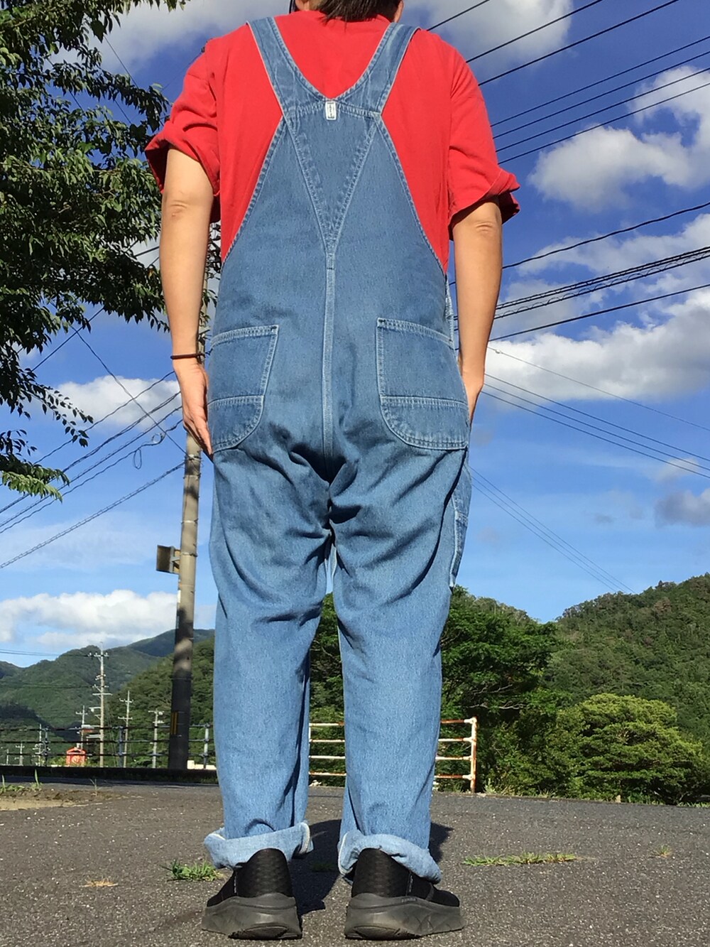 レッド系のTシャツ/カットソー、ブルー系のサロペット/オーバーオールを着用したメンズの夏コーディネートの2枚目の写真