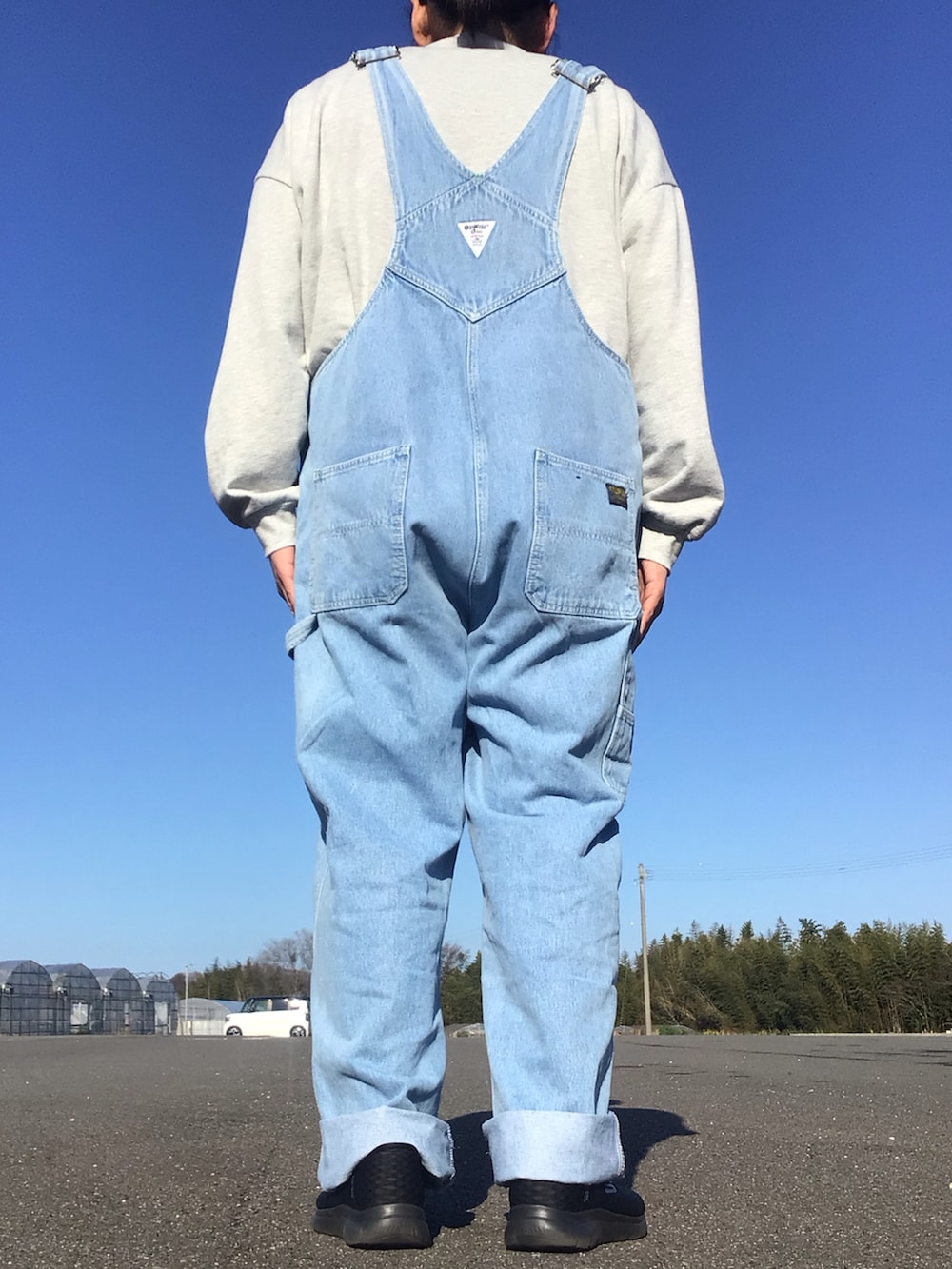 その他のスウェット、ブルー系のサロペット/オーバーオールを着用したメンズの春コーディネートの3枚目の写真