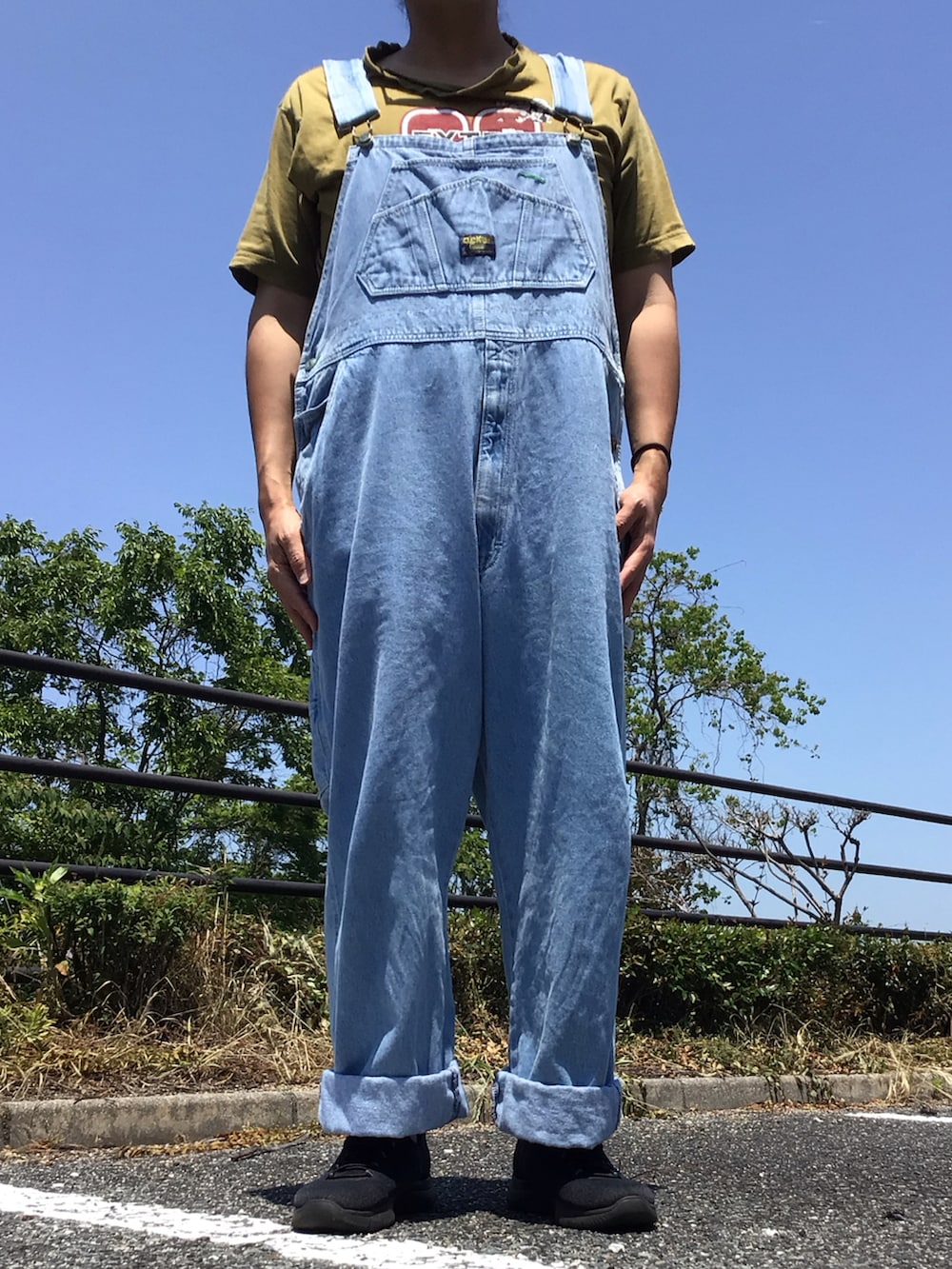 グリーン系のTシャツ/カットソー、ブルー系のサロペット/オーバーオールを着用したメンズの夏コーディネートの2枚目の写真