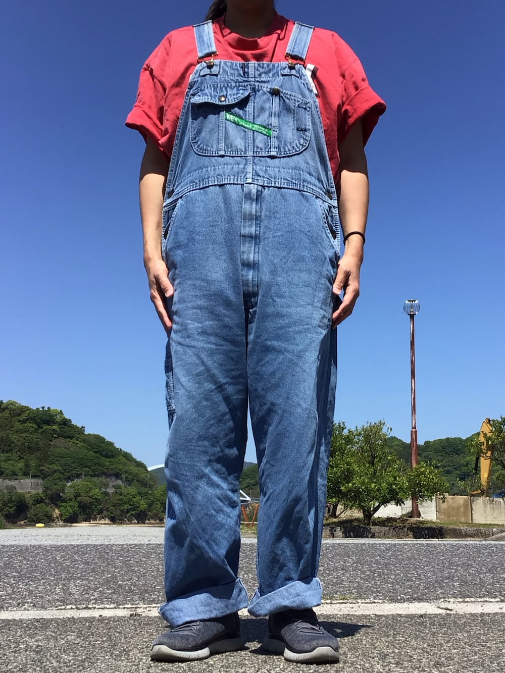 ブルー系のサロペット/オーバーオール、レッド系のTシャツ/カットソーを着用したメンズの春コーディネートの2枚目の写真