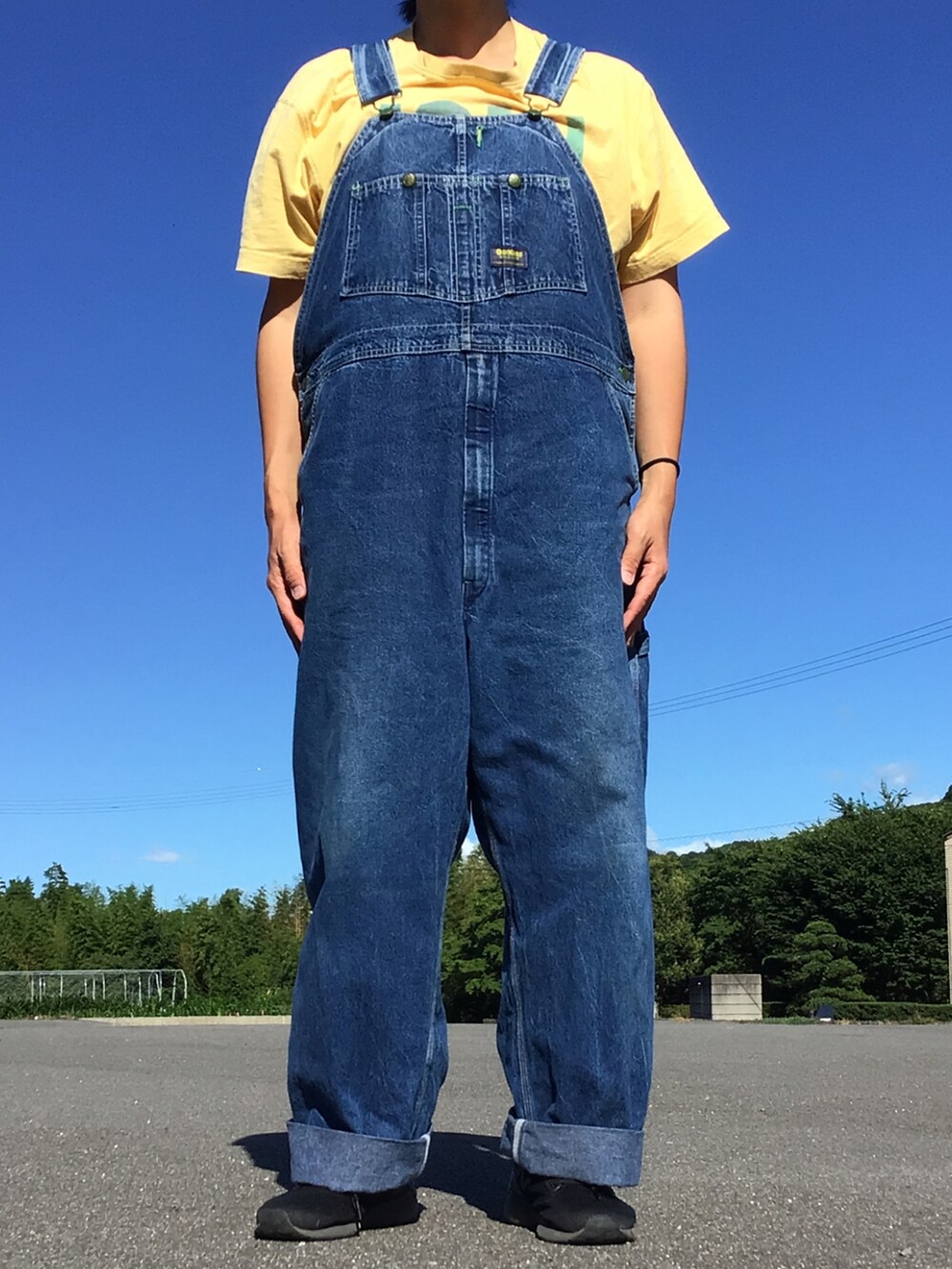 イエロー系のTシャツ/カットソー、ブルー系のサロペット/オーバーオールを着用したメンズの夏コーディネートの2枚目の写真