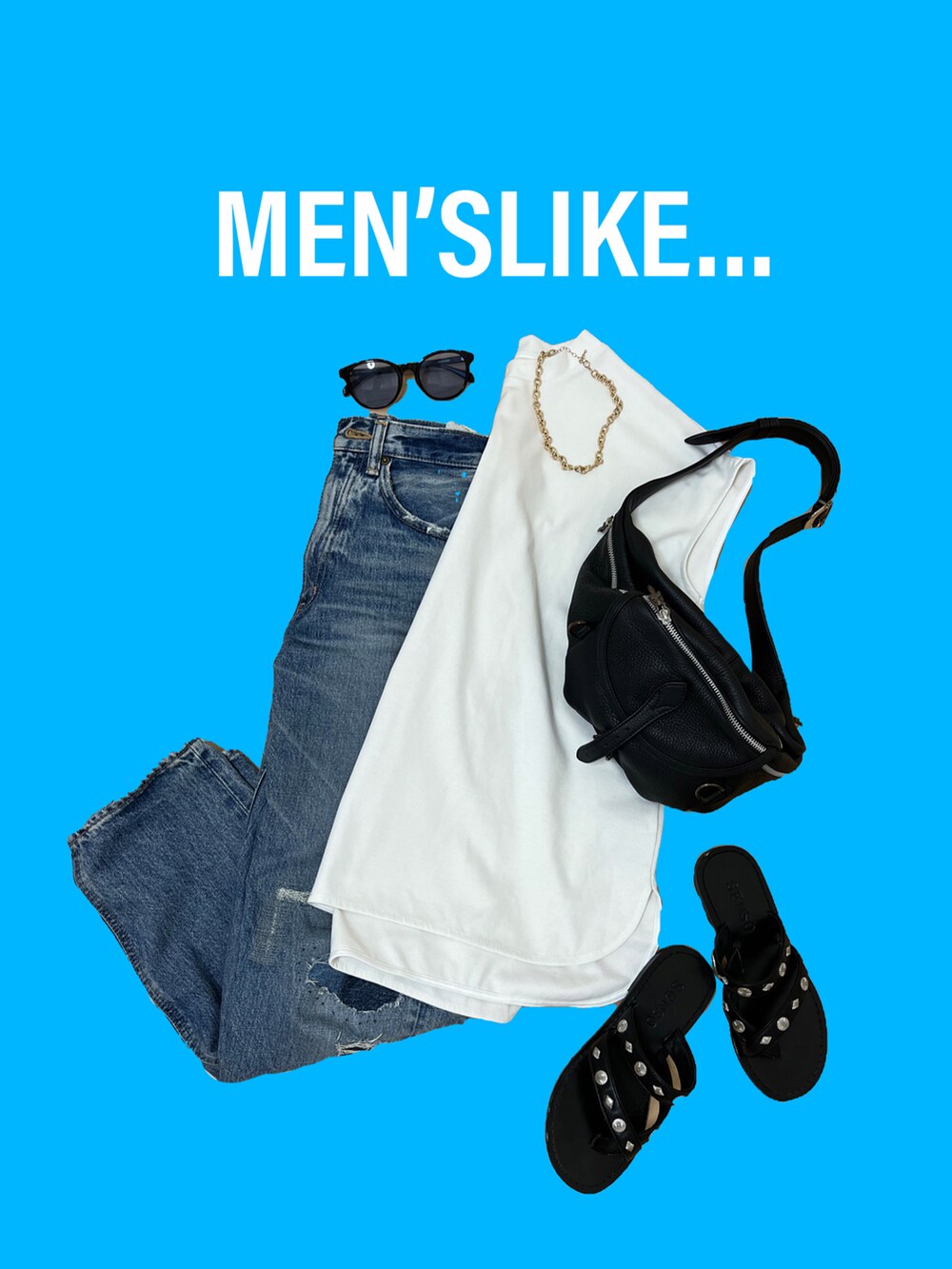 ホワイト系のTシャツ/カットソー、ブルー系のデニムパンツ、ブラック系のサンダルを着用したレディースの春コーディネートの3枚目の写真