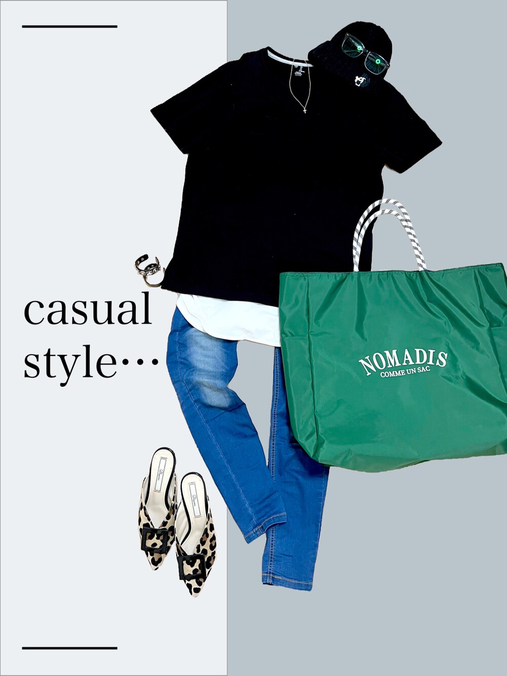 グリーン系のトートバッグ、ブラック系のTシャツ/カットソー、ホワイト系のキャミソールを着用したレディースの夏コーディネートの4枚目の写真