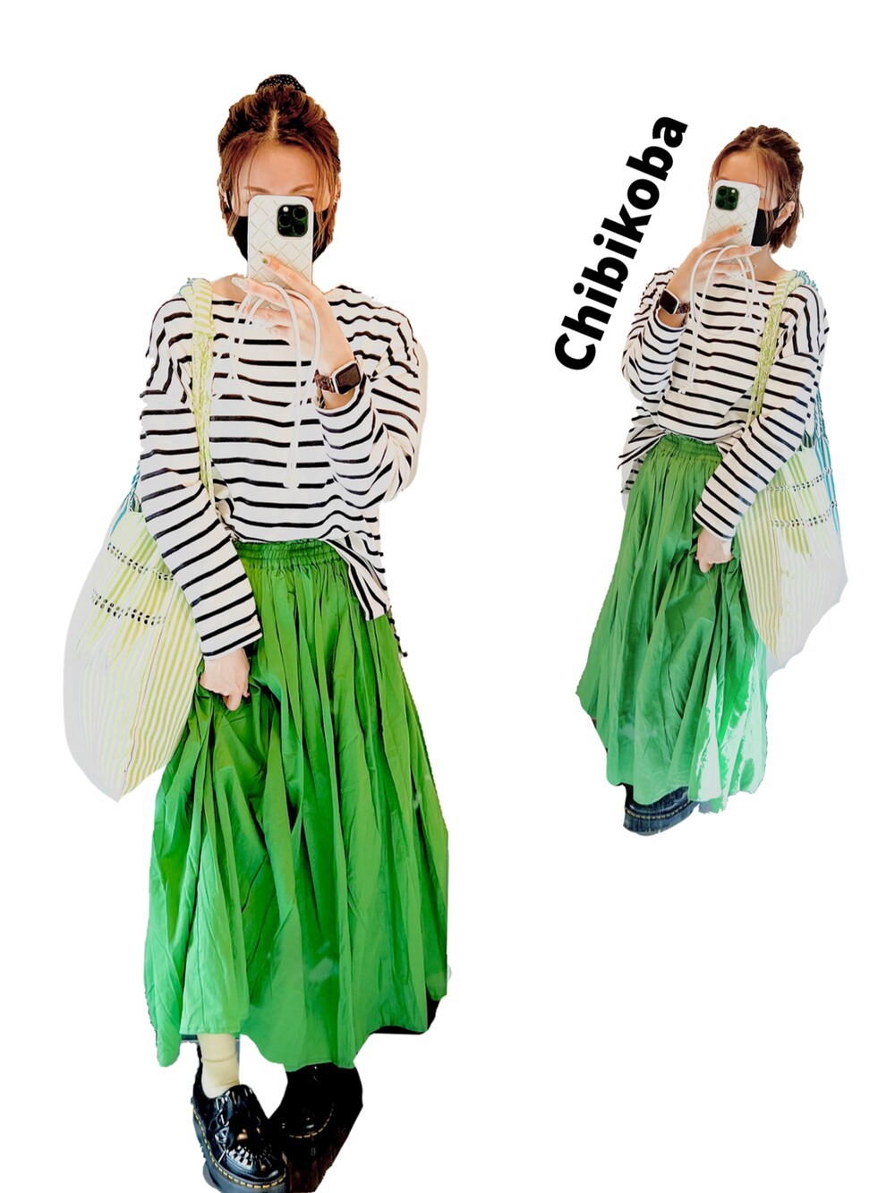 グリーン系のスカート、グリーン系のトートバッグ、ホワイト系のTシャツ/カットソーを着用したレディースの春コーディネートの2枚目の写真