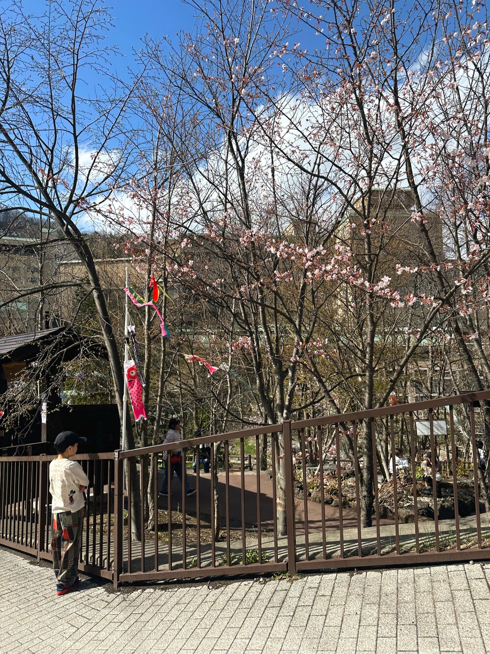 ピンク系のTシャツ/カットソー、ブルー系のワンピース、ホワイト系のスニーカーを着用したキッズの春コーディネートの3枚目の写真