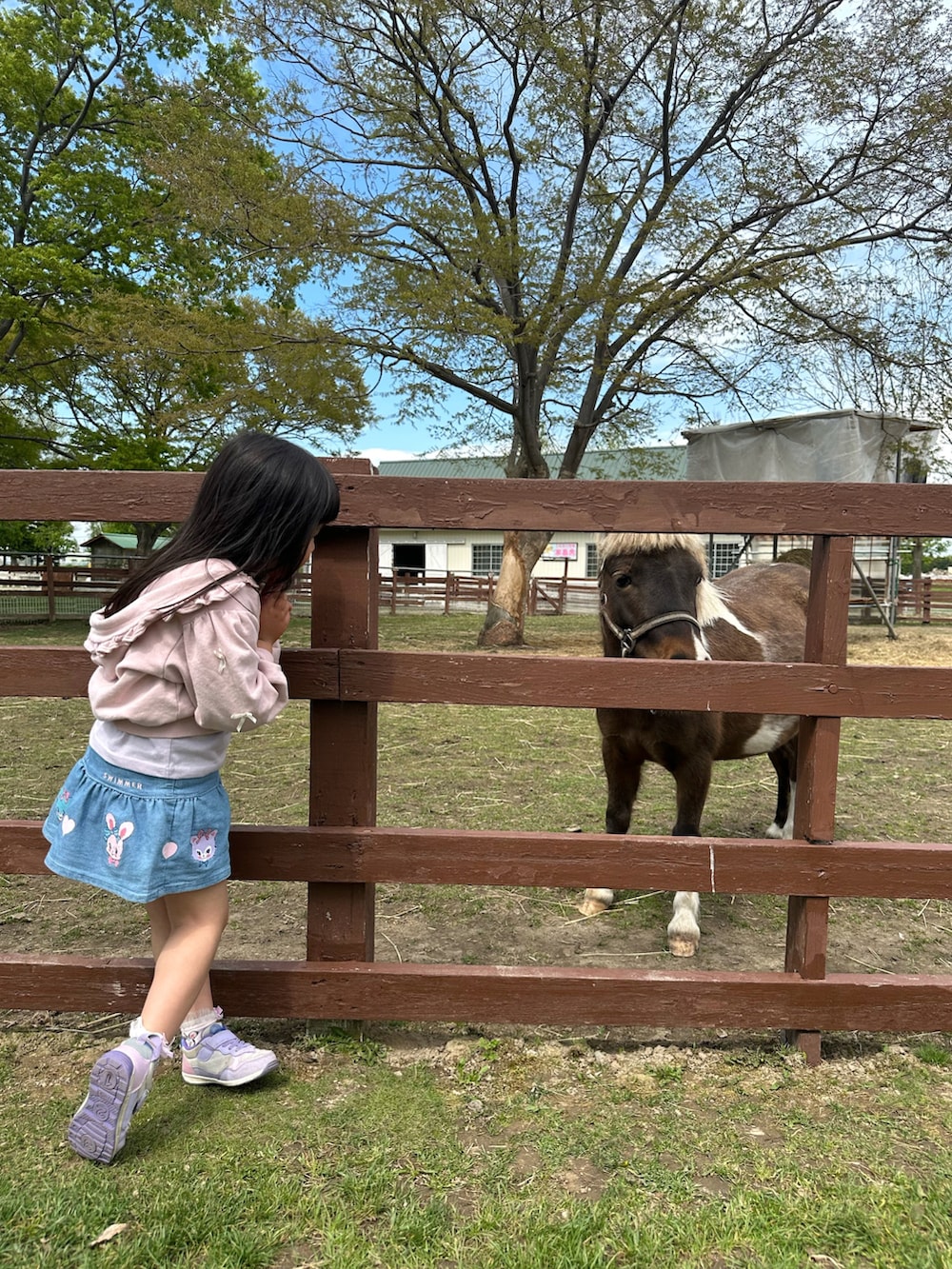 パープル系のスニーカー、ピンク系のパーカー、ブルー系のデニムスカートを着用したキッズの春コーディネートの2枚目の写真