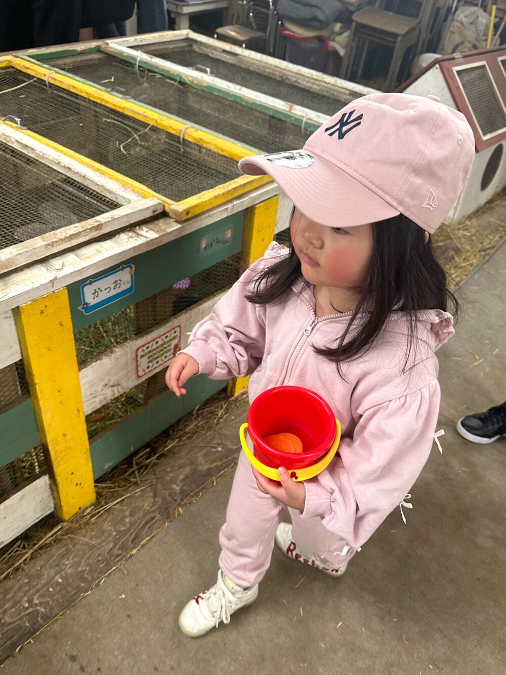 ピンク系のパーカー、ピンク系のその他パンツ、レッド系のスニーカーを着用したキッズの春コーディネートの3枚目の写真